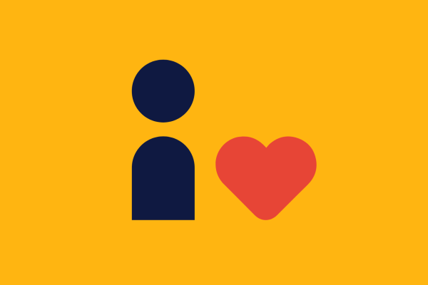 an illustration of a person beside a heart with yellow background