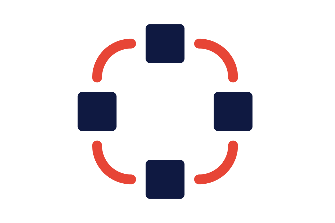 An illustration depicting an IT network using squares and half circles
