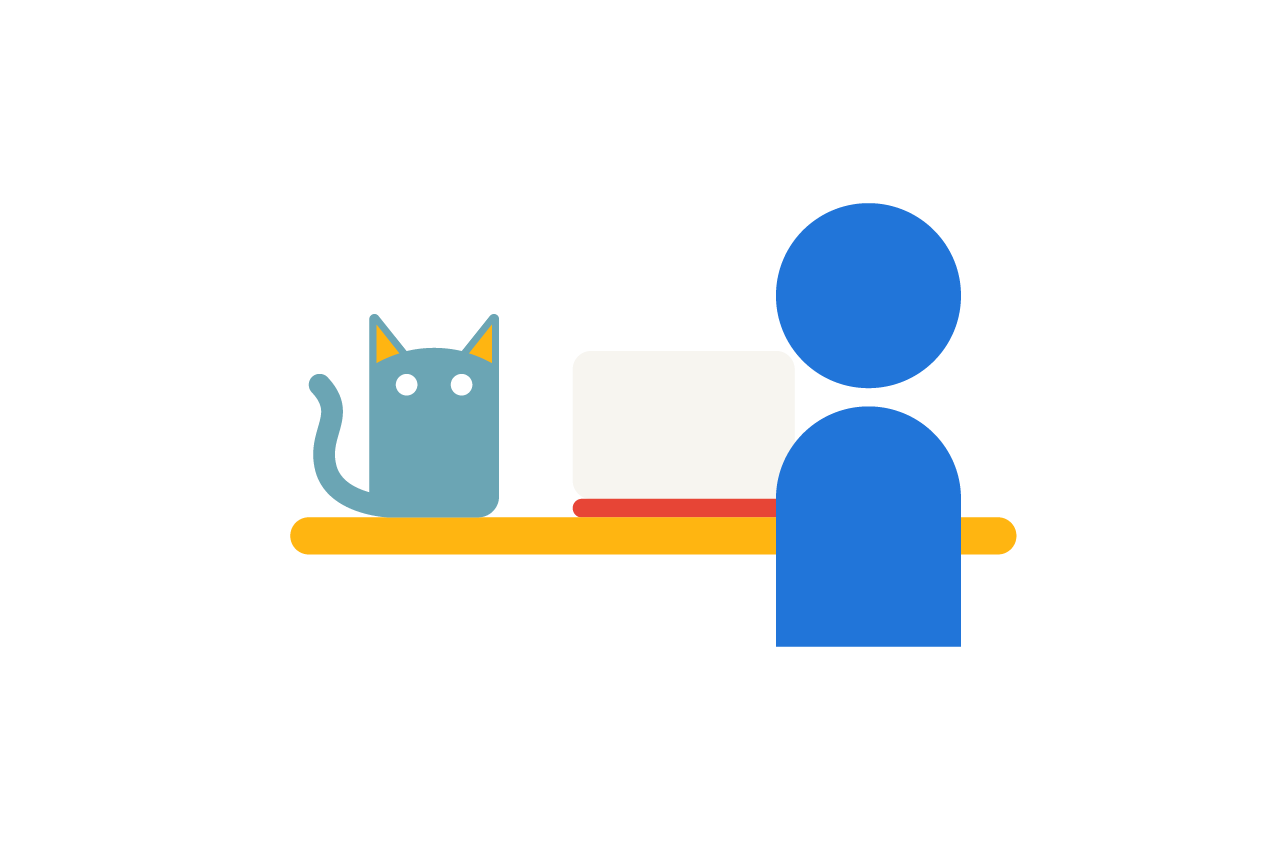 An illustration of a person working on their desk with their desktop computer and pet cat