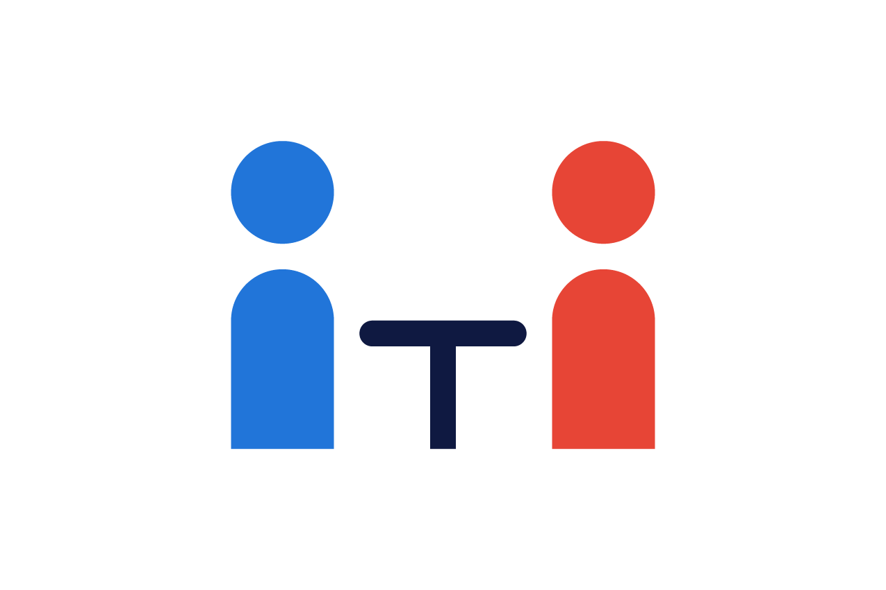 an illustration of two people seated with a table between them