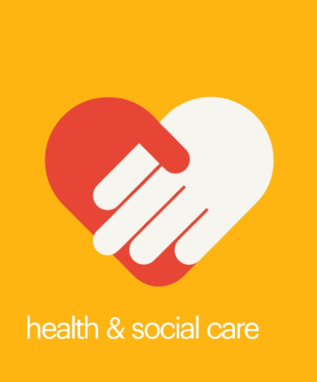 an illustration of a red and white hand in a shape of a heart with text saying health & social care