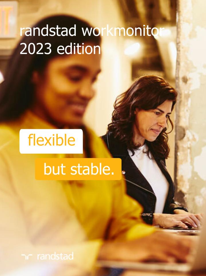 a background image of two women working on their laptops while smiling with text saying "randstad workmonitor 2023 edition" and "flexible but stable"