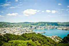 an overview of a city with a huge body of water to the right