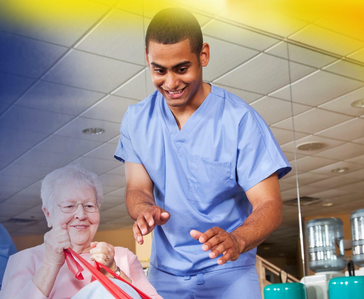 A man helping an elderly woman