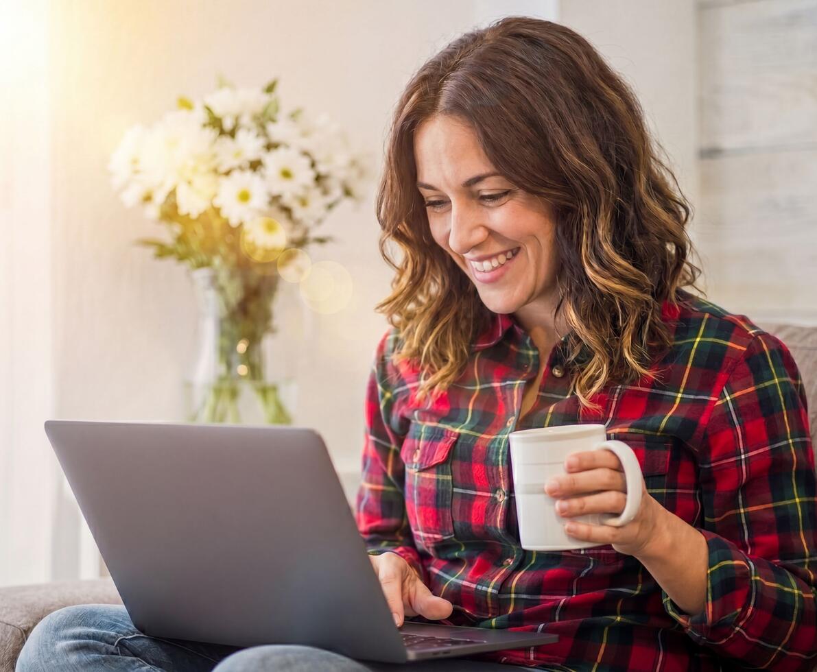 woman working from home with her laptop on her knee and a mug in her hand