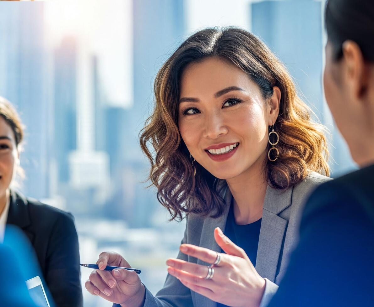 woman in a meeting with a pen in her hand smiling at her colleague