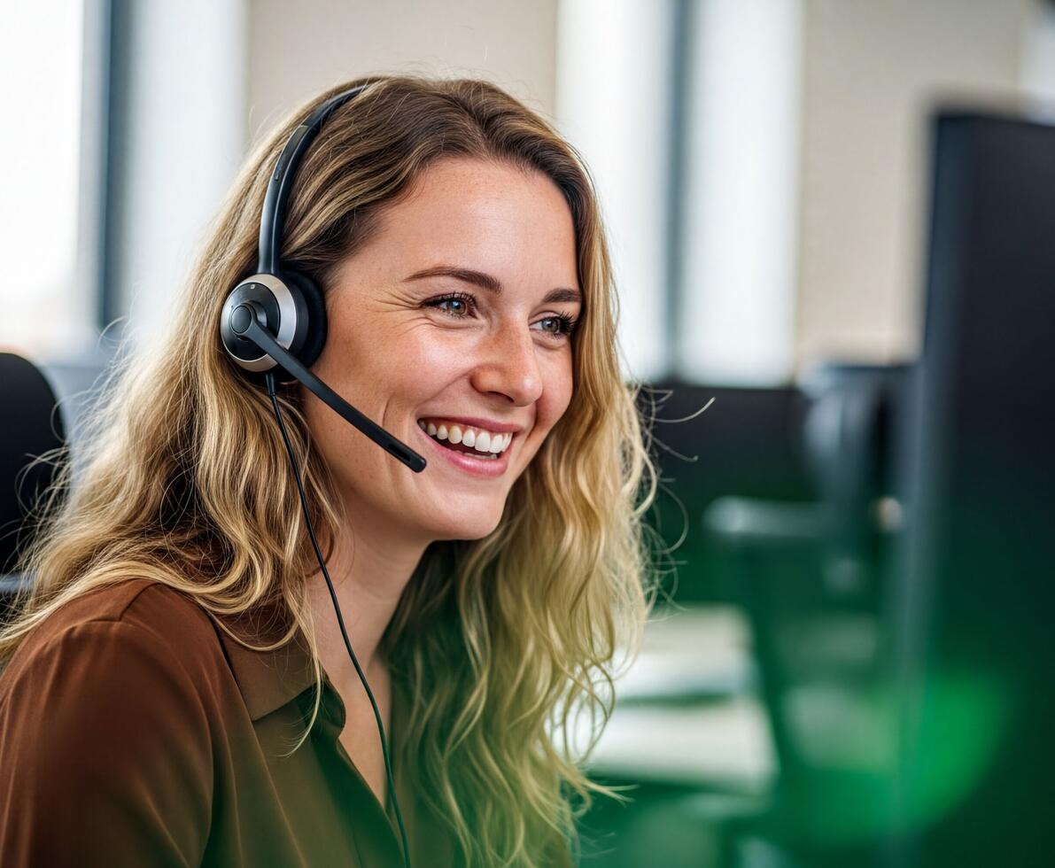 female call centre worker smiling wearing a headset