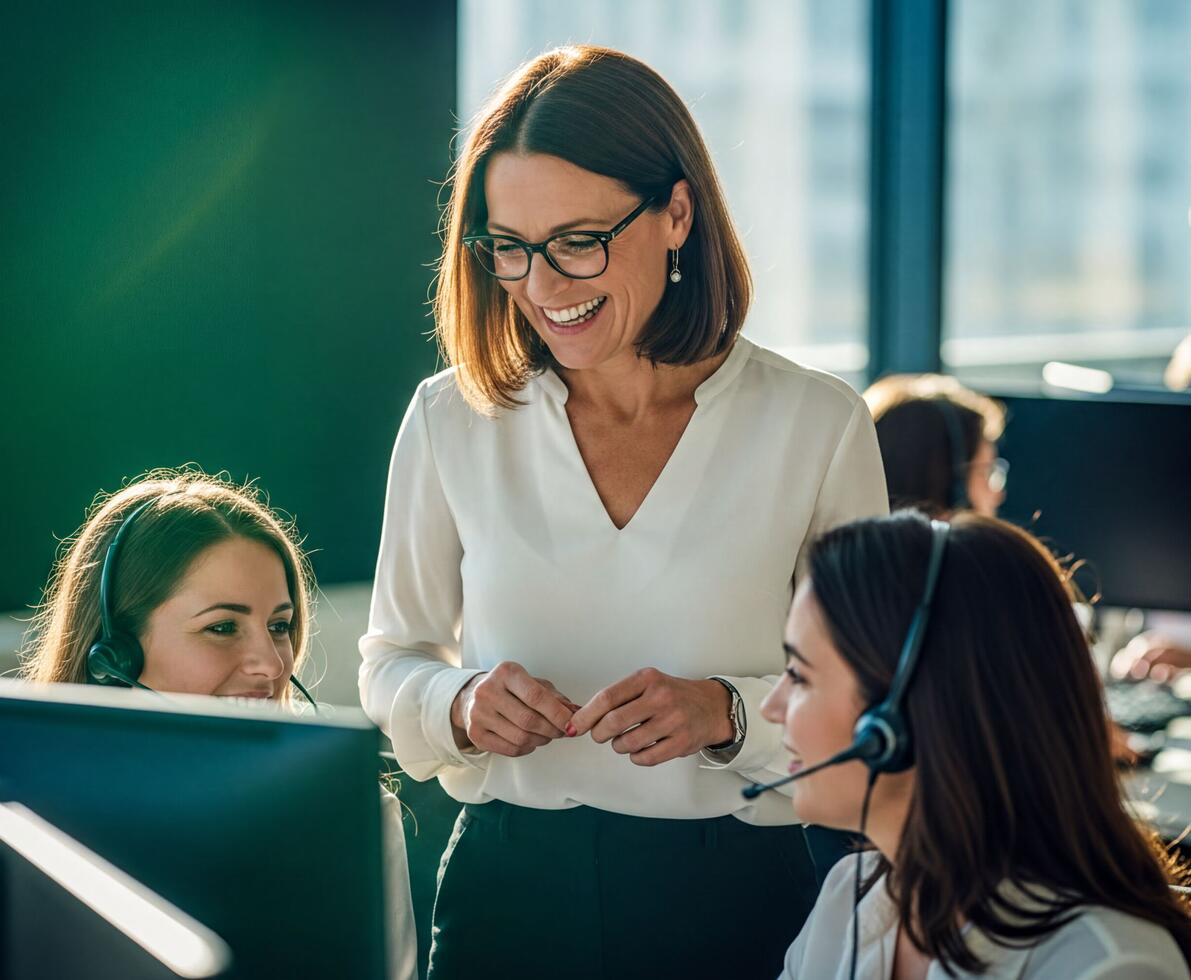 woman smiling and talking to two colleagues in a call centre office setting