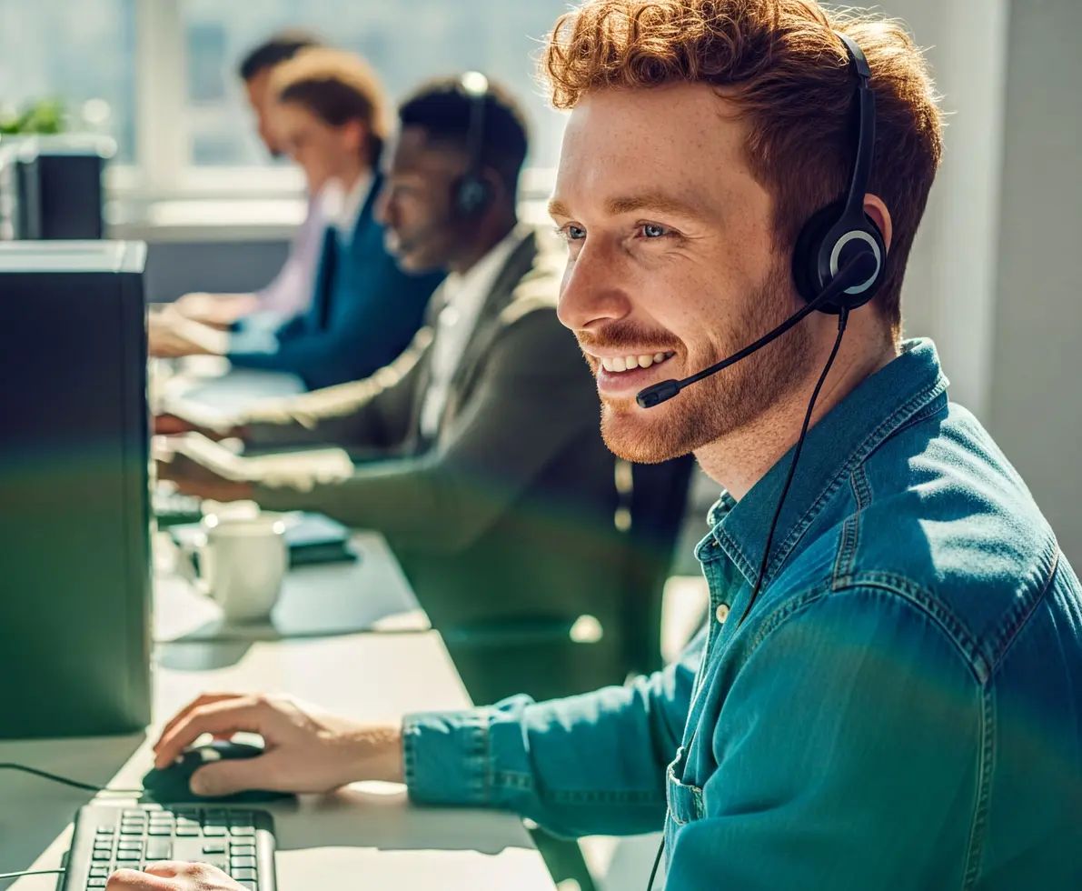 male call centre worker smiling wearing a headset