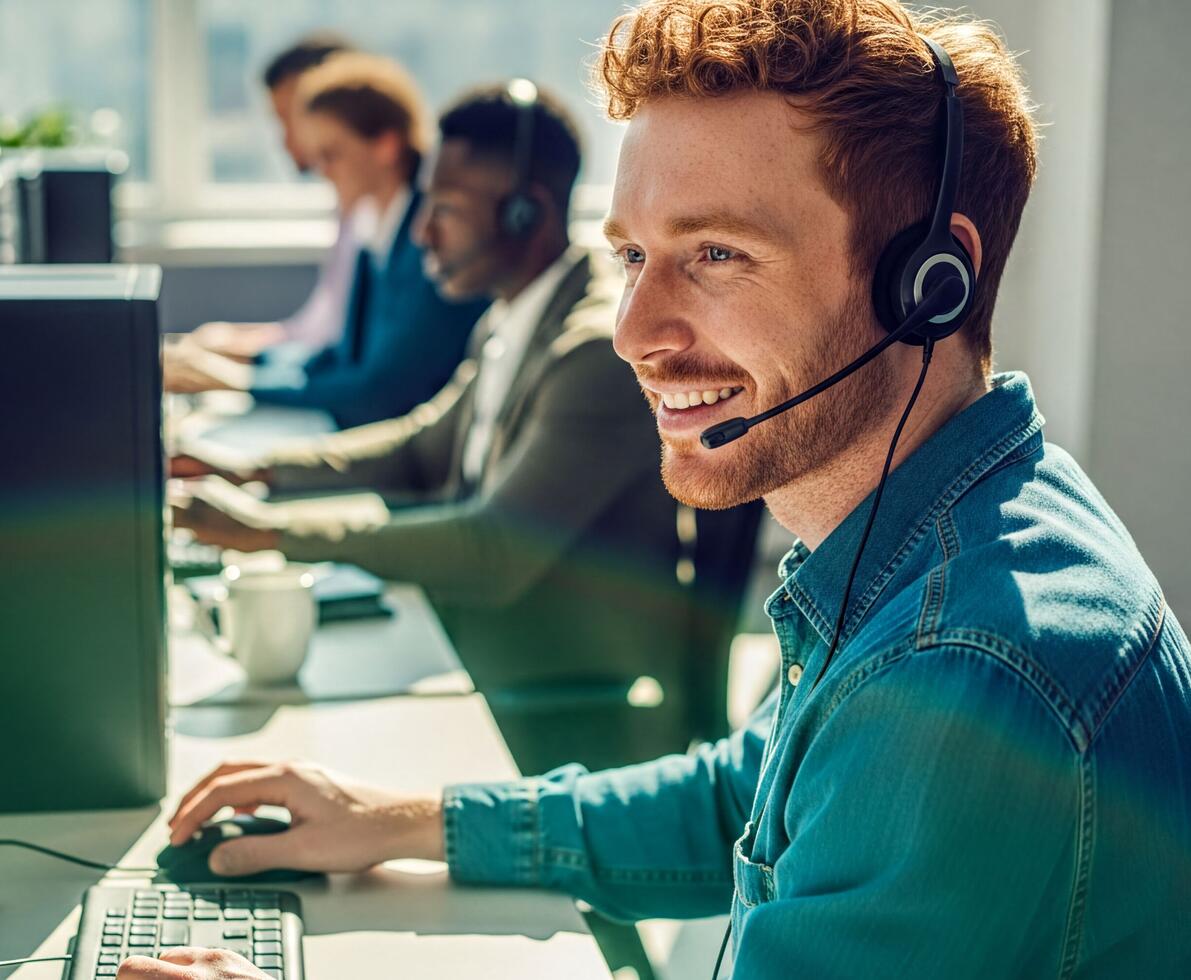 male call centre worker smiling wearing a headset