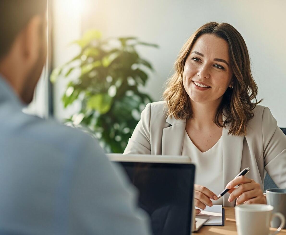 woman in a meeting with a pen in her hand smiling at her colleague