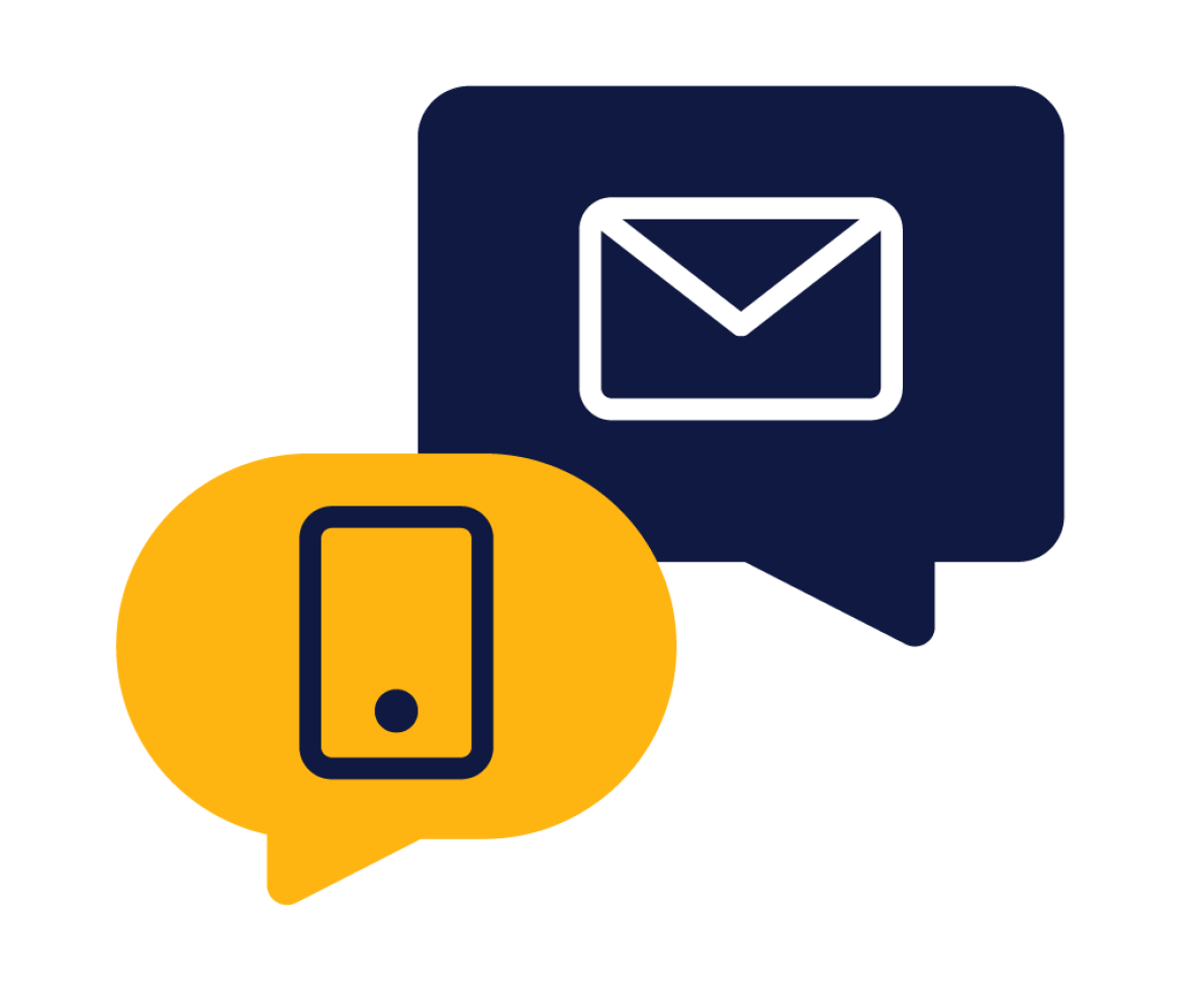 An illustration depicting a contact icon with two speech balloons with a phone and email icon inside each speech balloon